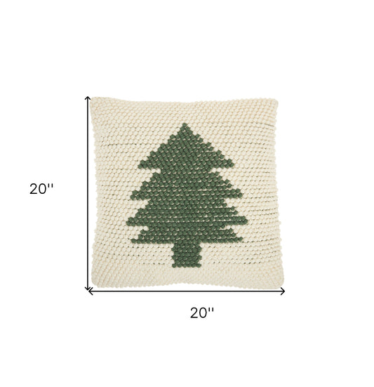 20" X 20" Green And Ivory Christmas Tree Textural Throw Pillow