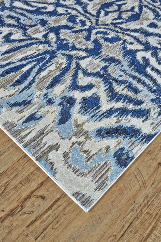 7' X 10' Blue Taupe And Ivory Ikat Distressed Area Rug
