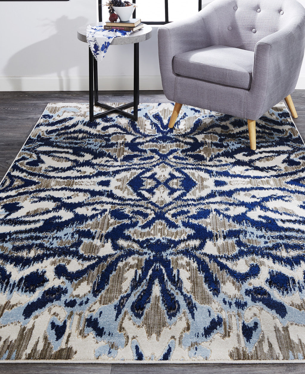 7' X 10' Blue Taupe And Ivory Ikat Distressed Area Rug