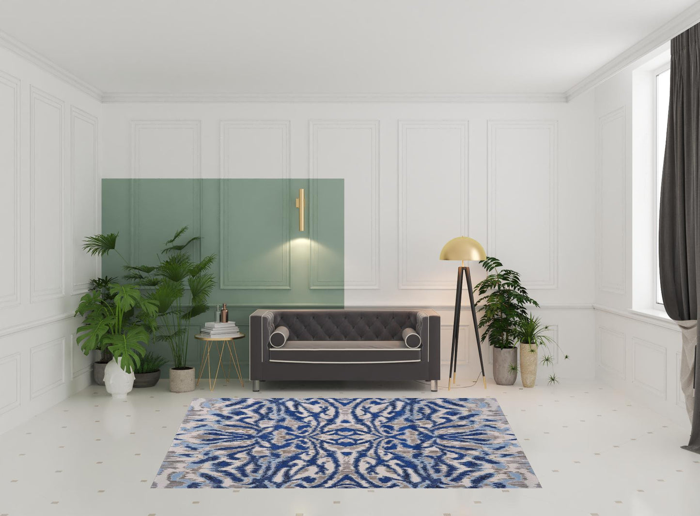 7' X 10' Blue Taupe And Ivory Ikat Distressed Area Rug