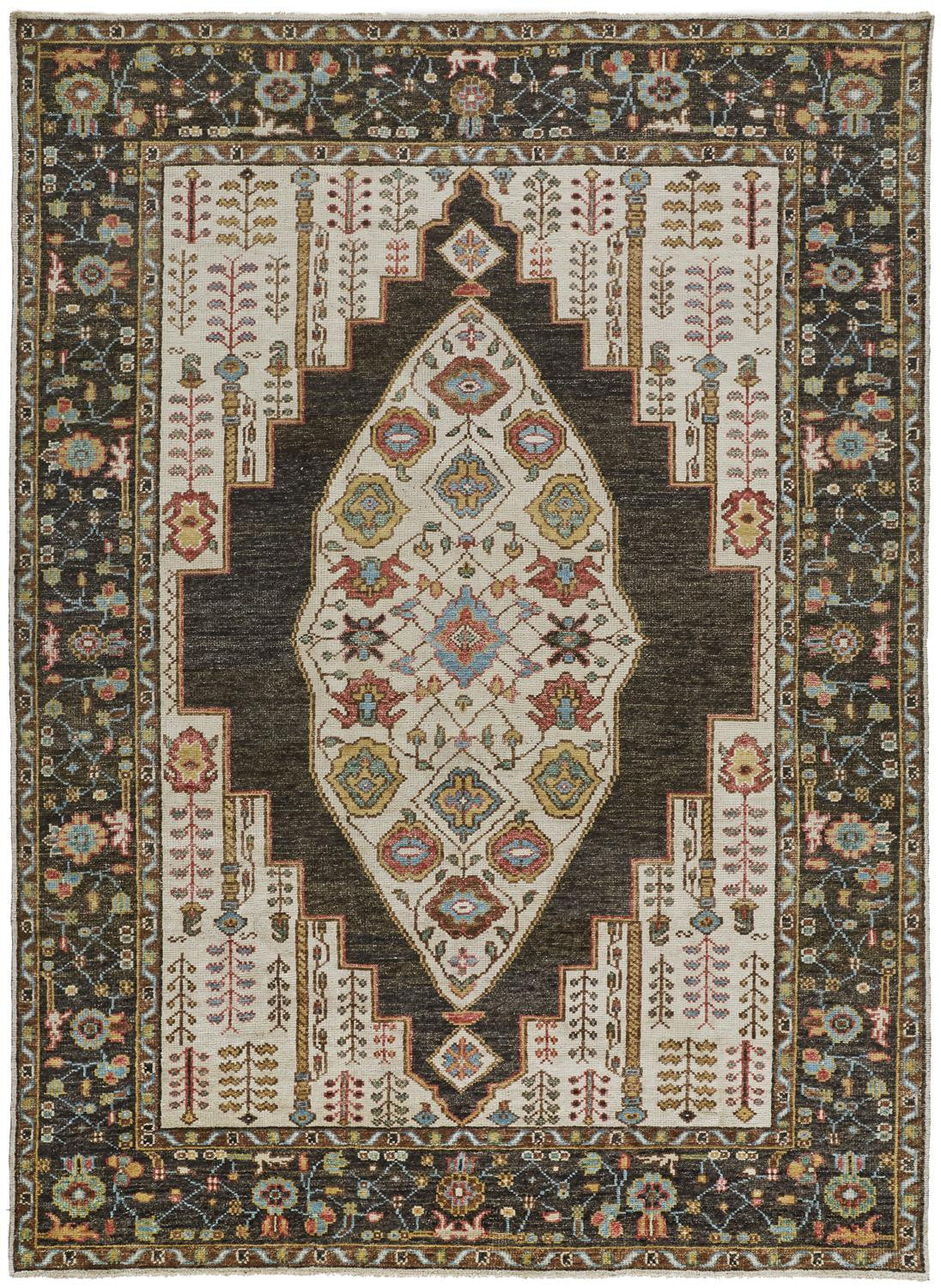 10' X 13' Brown Yellow And Green Wool Floral Hand Knotted Distressed Stain Resistant Area Rug With Fringe