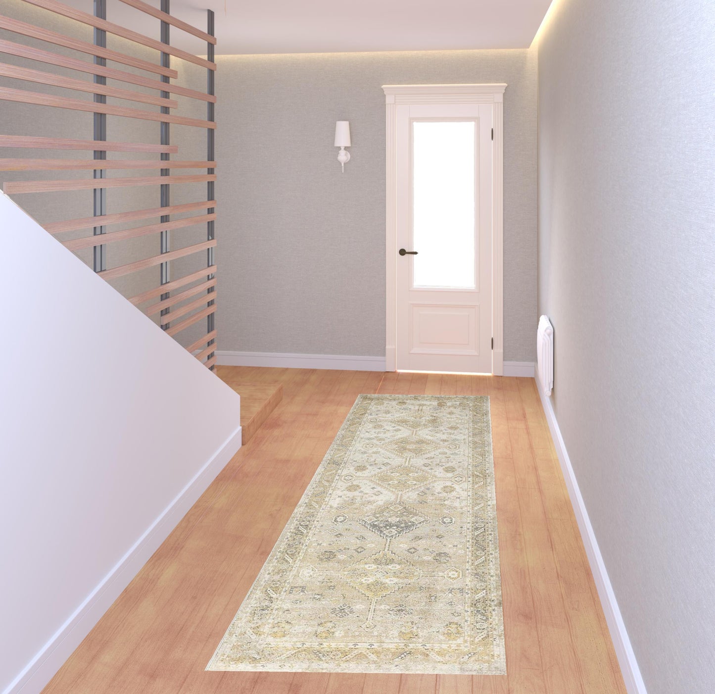 8' Gold and Ivory Floral Runner Rug