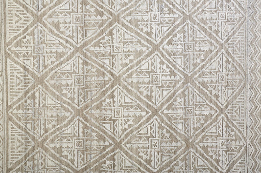 10' X 13' Ivory Tan And Gray Geometric Hand Knotted Area Rug