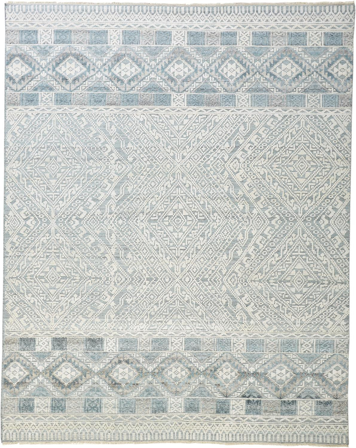 10' X 13' Ivory Blue And Gray Geometric Hand Knotted Area Rug