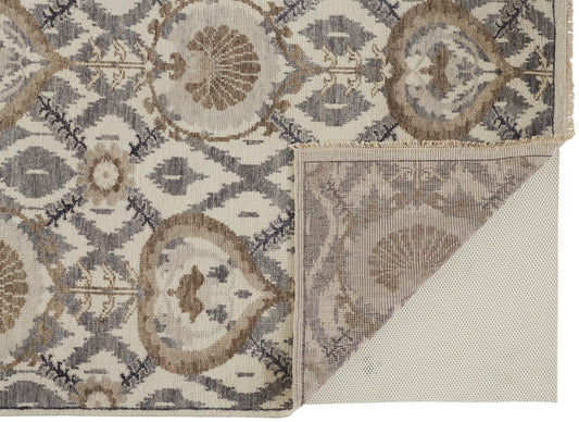 10' X 13' Ivory Gray And Taupe Wool Floral Hand Knotted Stain Resistant Area Rug