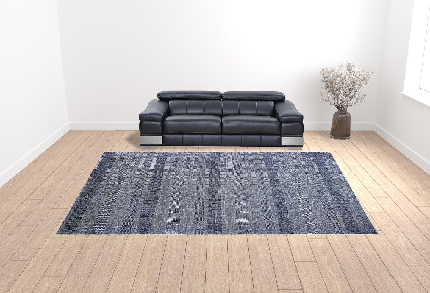 12' X 15' Blue And Silver Wool Striped Hand Knotted Area Rug