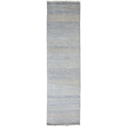 10' Blue and Silver Wool Striped Hand KNotted Runner Rug