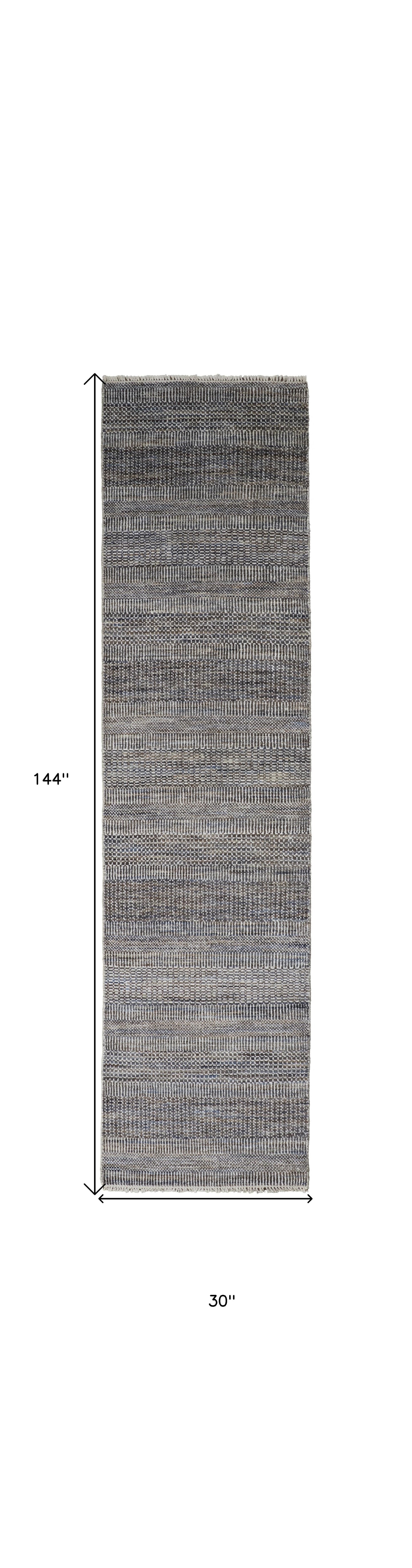 12' Gray Wool Striped Hand Knotted Runner Rug