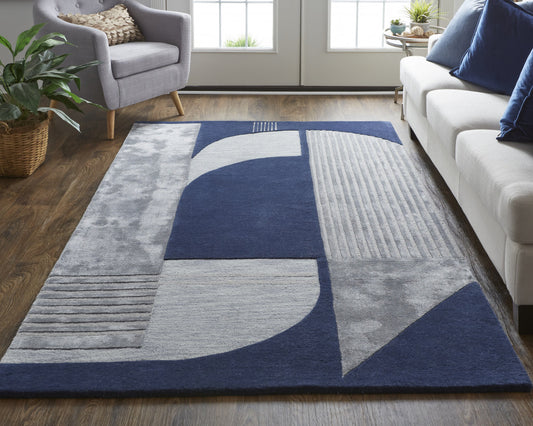 10' X 14' Blue And Silver Wool Geometric Tufted Handmade Area Rug