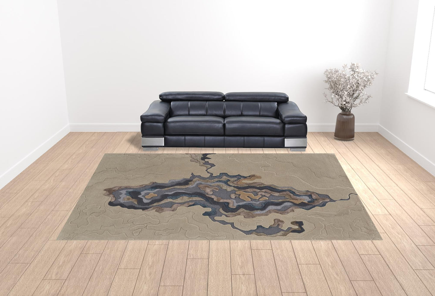 12' X 15' Tan Brown And Blue Wool Abstract Tufted Handmade Area Rug