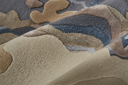 10' X 14' Tan Brown And Blue Wool Abstract Tufted Handmade Area Rug