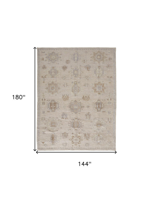 12' X 15' Tan And Brown Floral Hand Knotted Stain Resistant Area Rug