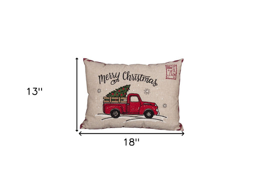 13" X 18" Beige and Red Christmas Holiday Van Polyester Zippered Pillow