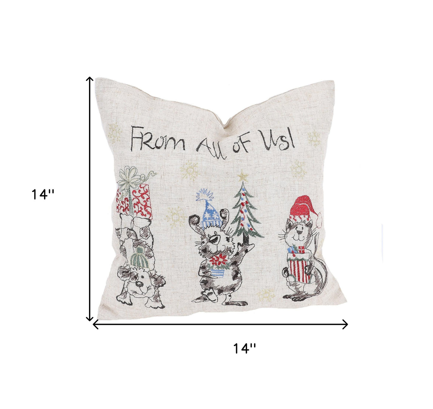 14" X 14" Beige and Gray Dog Christmas Linen Linen Blend Zippered Pillow With Embroidery