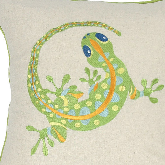 18"x18" Beige and Green Lizard Linen Blend Zippered Pillow With Embroidery