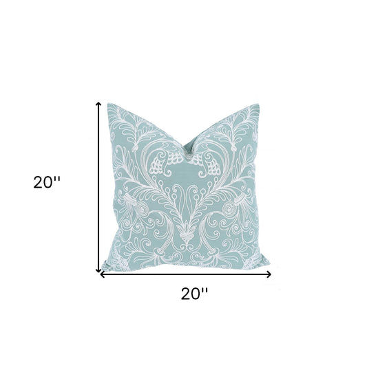 20" X 20" Green and White Damask Polyester Zippered Pillow With Embroidery