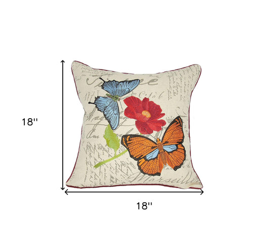 18"x18" Beige and Red Butterfly Linen Blend Floral Zippered Pillow
