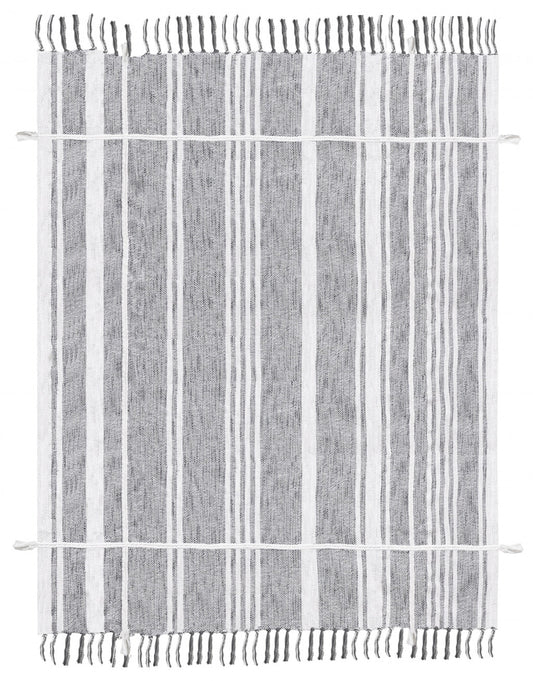 Gray and White Woven Cotton Striped Throw Blanket