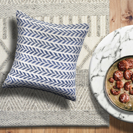 18" X 18" Blue And White 100% Cotton Chevron Zippered Pillow