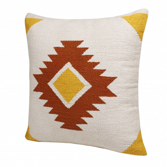 20" X 20" White Yellow And Red Orange 100% Cotton Geometric Zippered Pillow