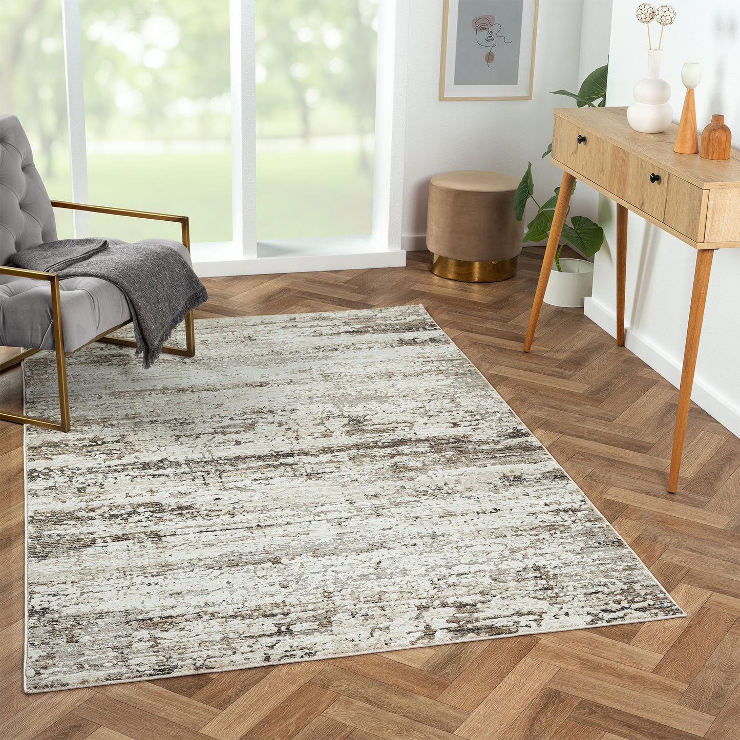10' x 14' Beige Abstract Distressed Area Rug