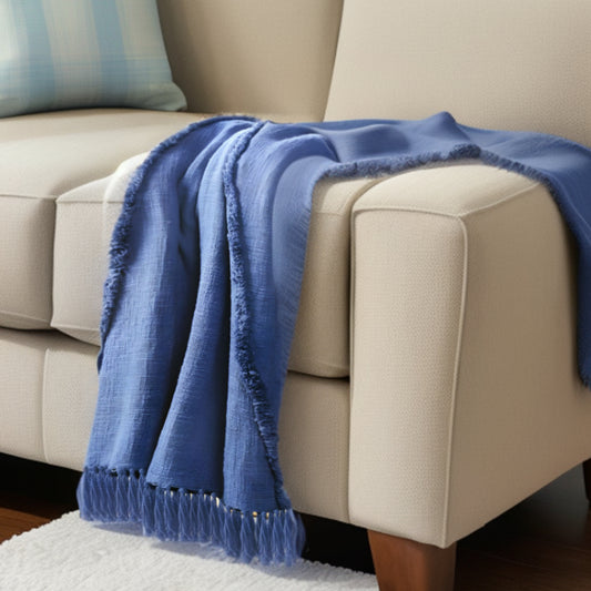 Blue Woven Cotton Solid Color Throw Blanket