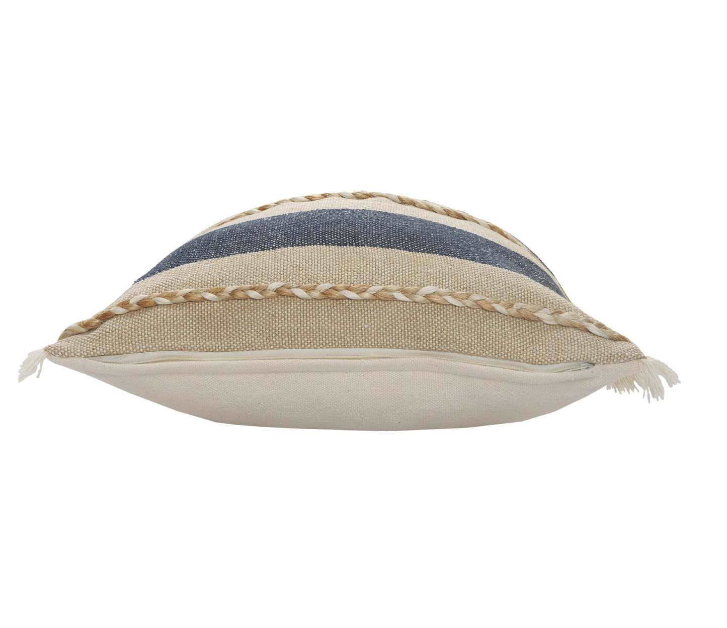 24" X 24" Denim Blue Tan And Taupe Jute Coastal Zippered Pillow
