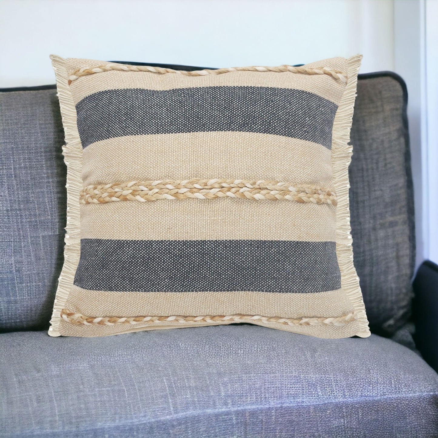 24" X 24" Denim Blue Tan And Taupe Jute Coastal Zippered Pillow