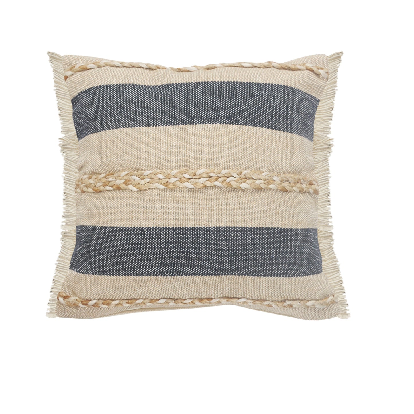 24" X 24" Denim Blue Tan And Taupe Jute Coastal Zippered Pillow