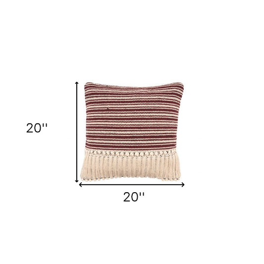 20" X 20" Maroon Red And Off-White 100% Cotton Striped Zippered Pillow