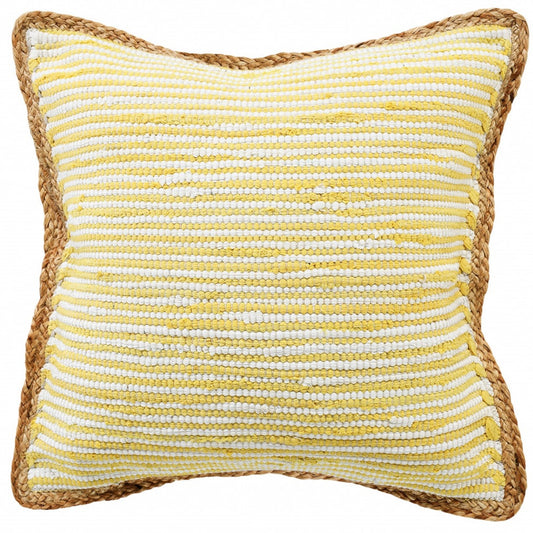 20" X 20" Golden Yellow, White And Tan 100% Cotton Striped Zippered Pillow