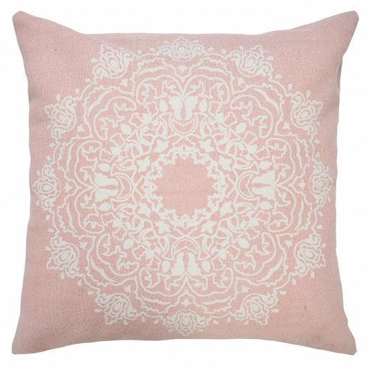 20" X 20" Light Pink And White 100% Cotton Geometric Zippered Pillow