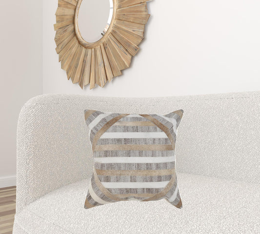 20" X 20" Beige and Brown Striped Faux Leather Zippered Pillow
