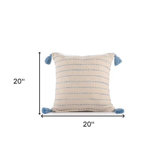 20" X 20" Denim Blue And Ivory 100% Cotton Striped Zippered Pillow