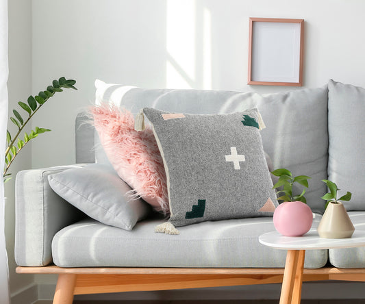 20" X 20" Black Off-White Pink And Green 100% Cotton Geometric Zippered Pillow