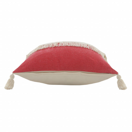 20" x 20" Red and Off White 100% Cotton Pillow With Tassels