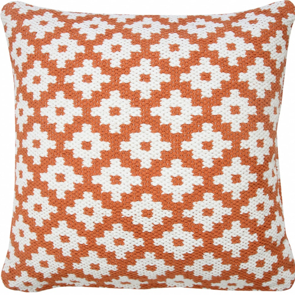 20" X 20" Orange And White 100% Cotton Geometric Zippered Pillow
