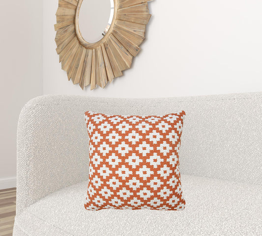 20" X 20" Orange And White 100% Cotton Geometric Zippered Pillow