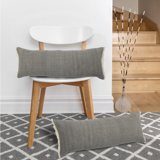 14" X 36" Gray And Off-White 100% Cotton Zippered Pillow