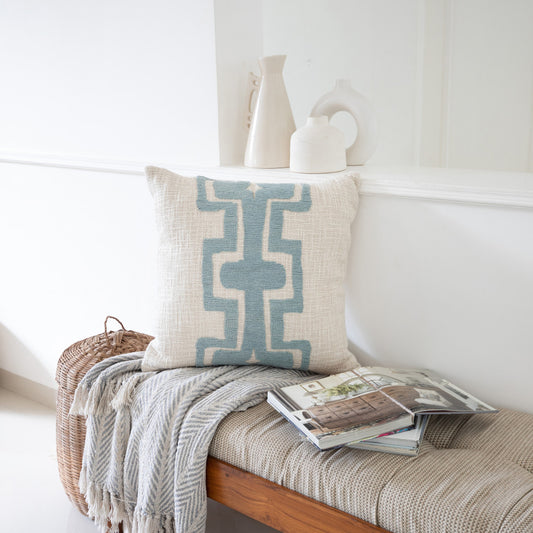 20" X 20" Ocean Blue And Ivory 100% Cotton Geometric Zippered Pillow