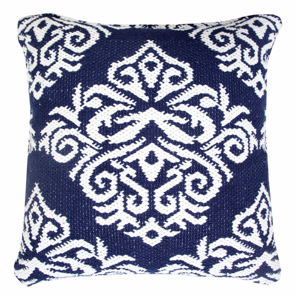20" X 20" Blue And White 100% Cotton Damask Zippered Pillow