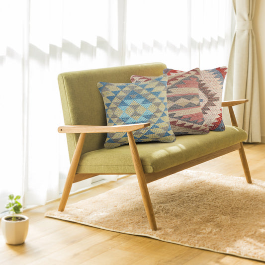 18" X 18" Blue Gray And Beige 100% Cotton Geometric Zippered Pillow