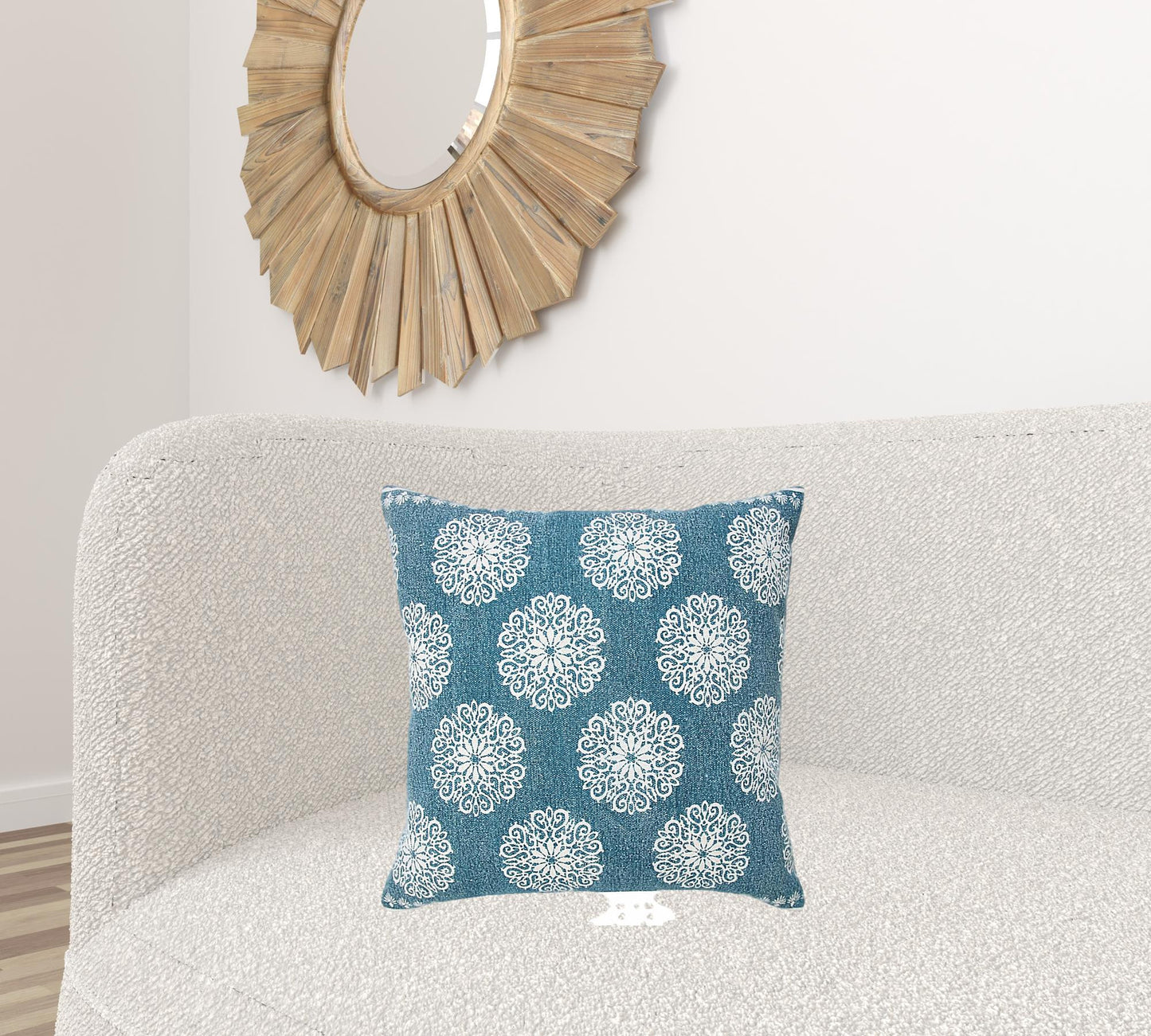 20" X 20" Lagoon Blue And White 100% Cotton Floral Zippered Pillow