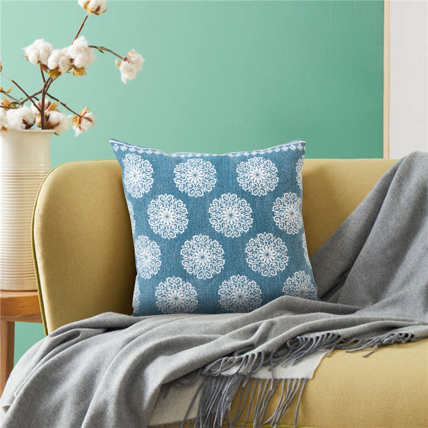 20" X 20" Lagoon Blue And White 100% Cotton Floral Zippered Pillow