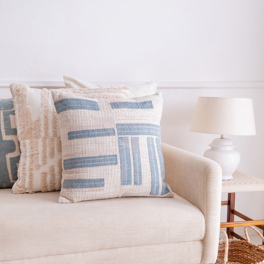 20" X 20" Ocean Blue And Ivory 100% Cotton Striped Zippered Pillow