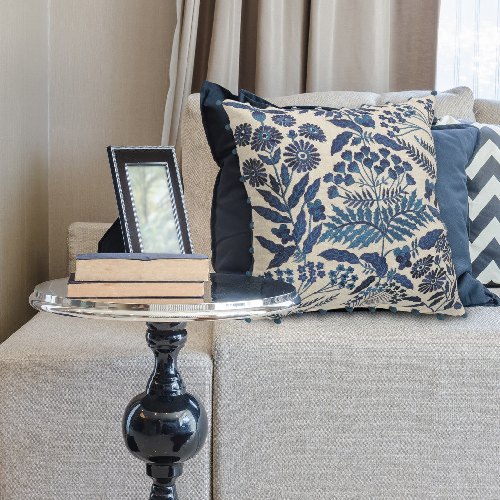 20" X 20" Navy And Off-White 100% Cotton Floral Zippered Pillow