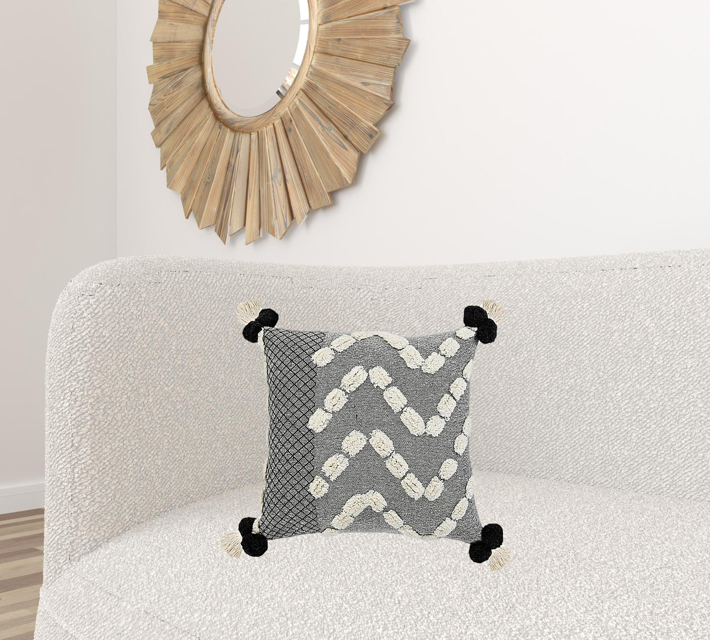 20" X 20" Black Gray And Cream 100% Cotton Geometric Zippered Pillow