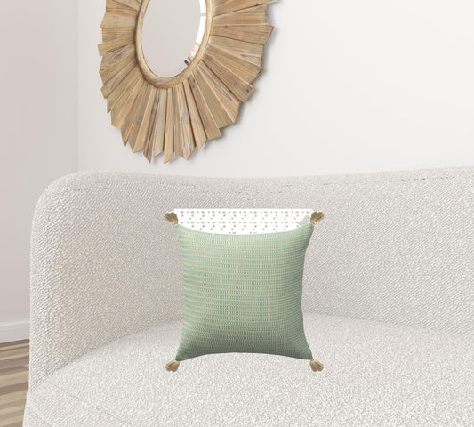 18" X 18" Light Turquoise And Ivory 100% Cotton Striped Zippered Pillow