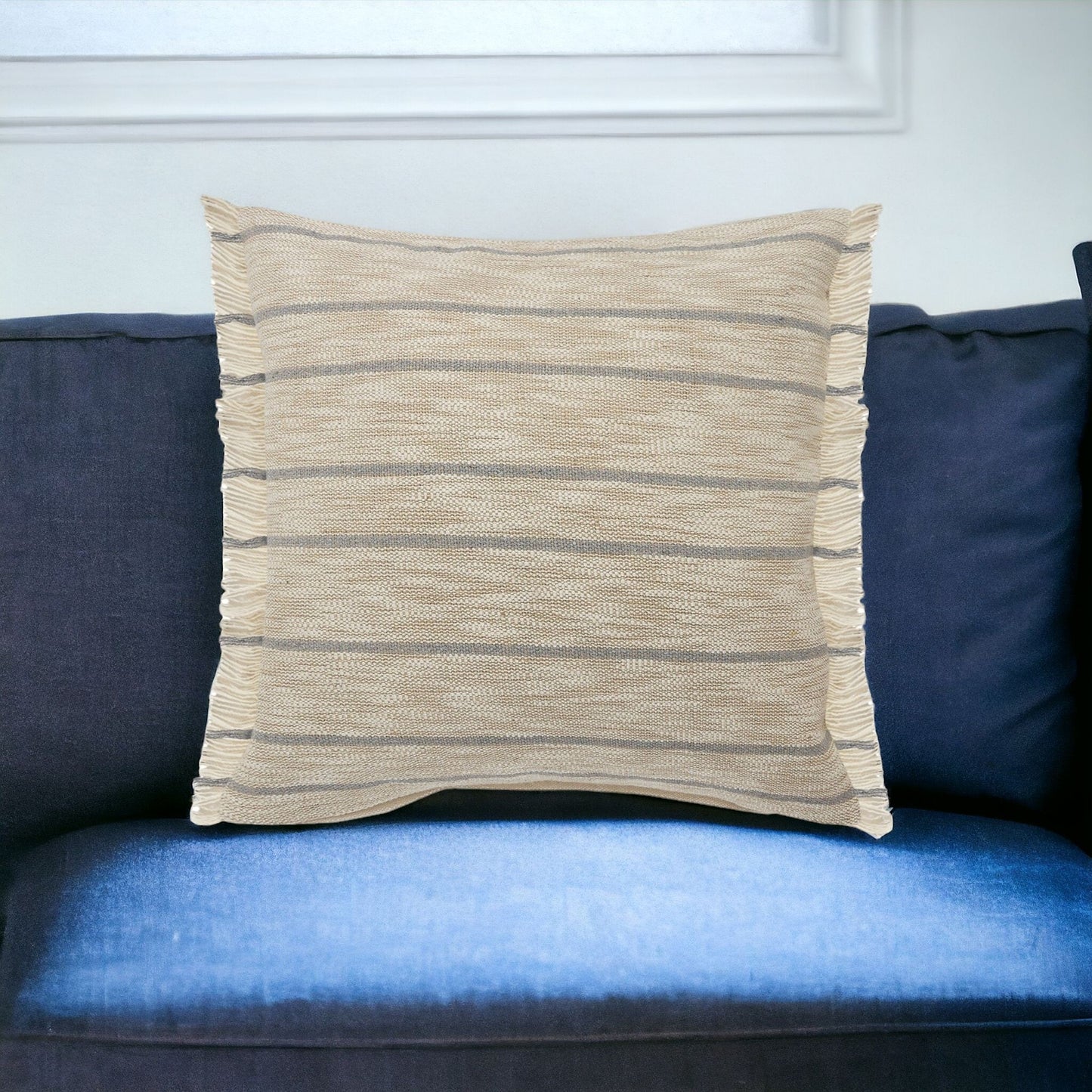 20" X 20" Taupe And Dusty Blue Jute Coastal Zippered Pillow