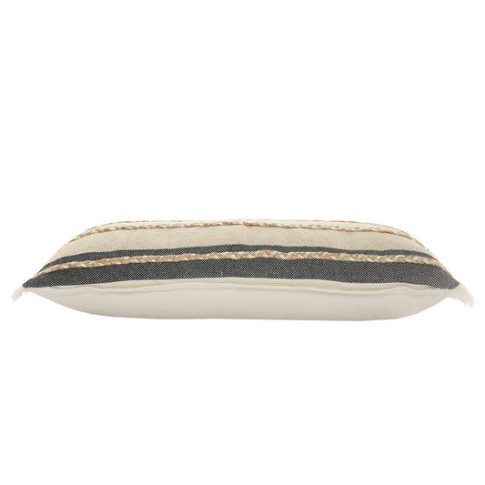 14" X 36" Black Tan And Taupe Jute Striped Zippered Pillow